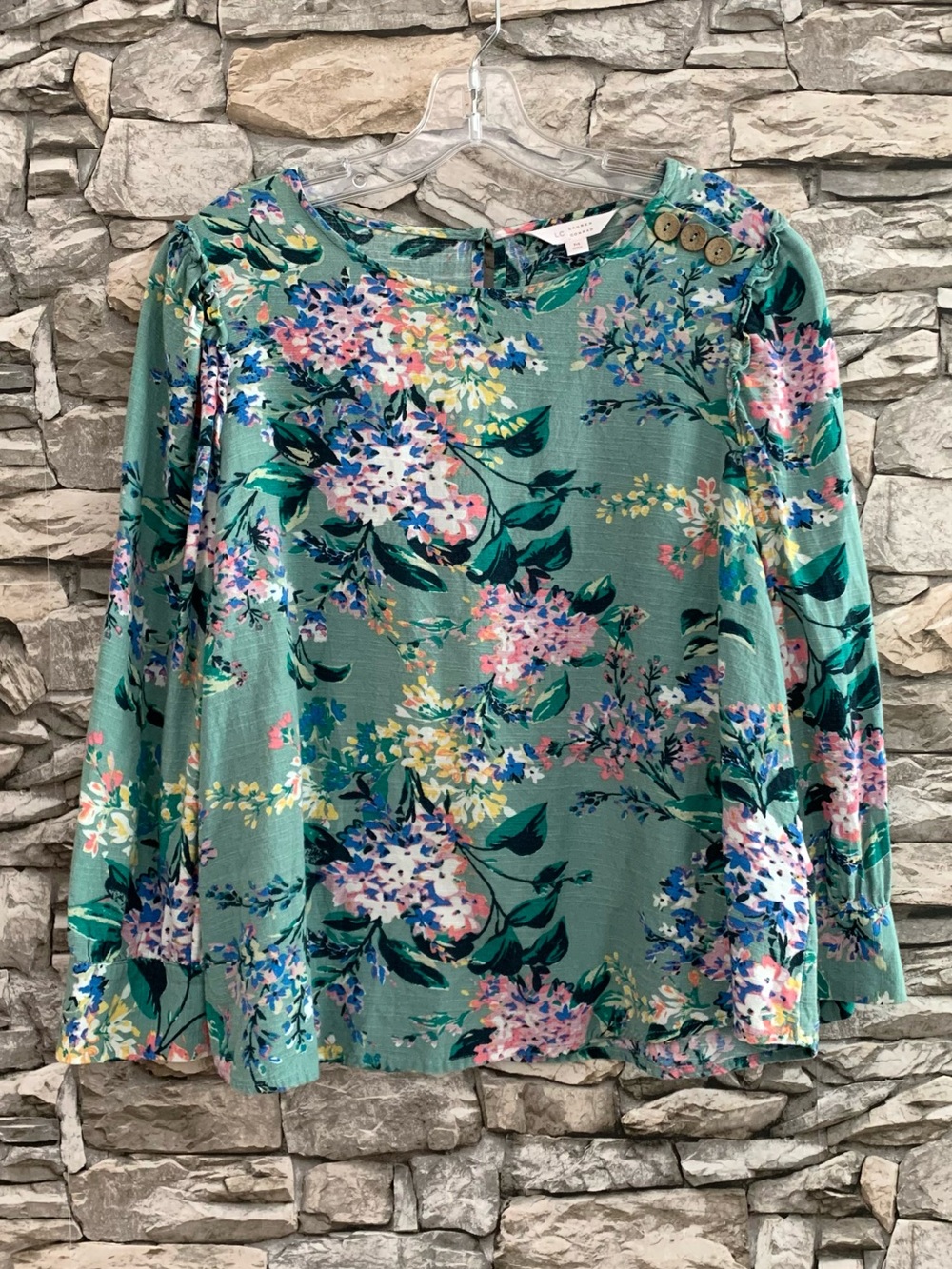 #03 LC Lauren Conrad Mint Green Floral Print 3/4 Sleeve Blouse Shirt Top Medium